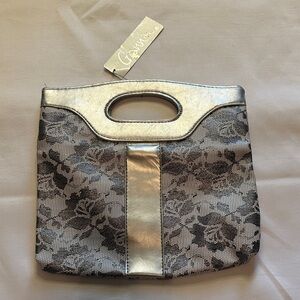 Giannini Silver and Black Fold Over Floral Lace Clutch